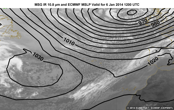 MSG IR 10.8 µm and ECMWF MSLP Valid for 6 Jan 2014 12 UTC