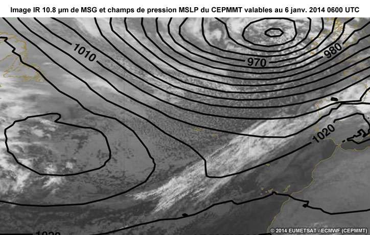 MSG IR 10.8 µm and ECMWF MSLP Valid for 6 Jan 2014 6 UTC