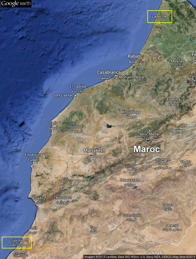 map of Morocco with ports and commercial or otherwise important coastal cities labeled 
