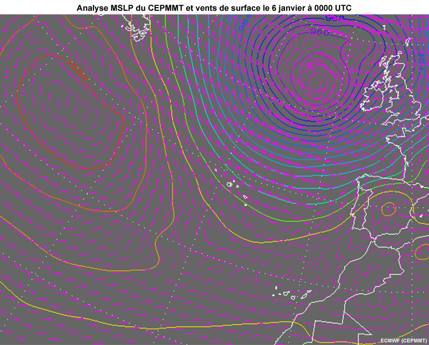 ECMWF MSLP and surface winds for 6 Jan 2014 at 0000 UTC