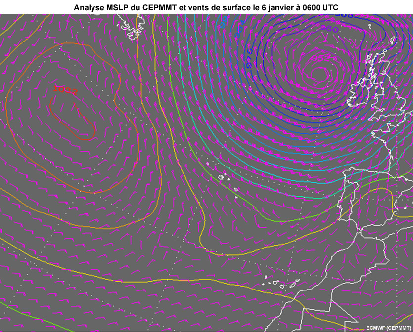 ECMWF MSLP and surface winds for 6 Jan 2014 at 0600 UTC