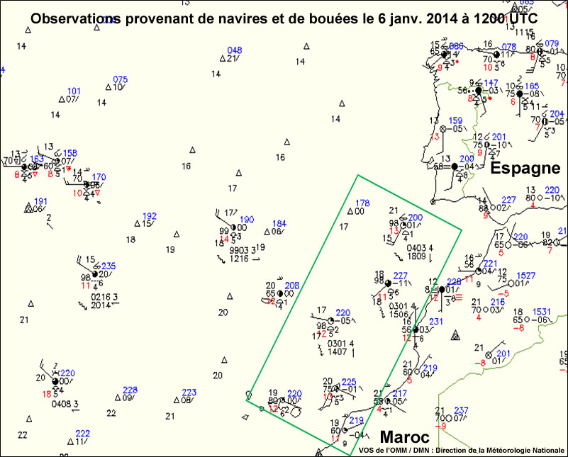 Ship and Buoy Observations on 6 Jan 2014 at 1200 UTC off the Moroccan coast with a box marking observations near the coast for an exercise