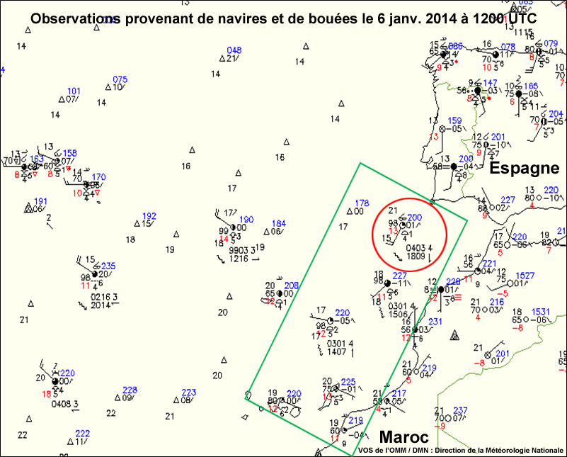 Ship and Buoy Observations on 6 Jan 2014 at 1200 UTC off the Moroccan coast with obs off of Spain marked for an exercise