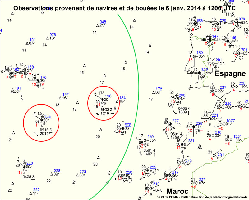 Ship and Buoy Observations on 6 Jan 2014 at 1200 UTC off the Moroccan coast with obs marked for an exercise