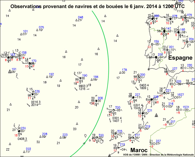 Ship and Buoy Observations on 6 Jan 2014 at 1200 UTC off the Moroccan coast with a line marking the high seas for an exercise