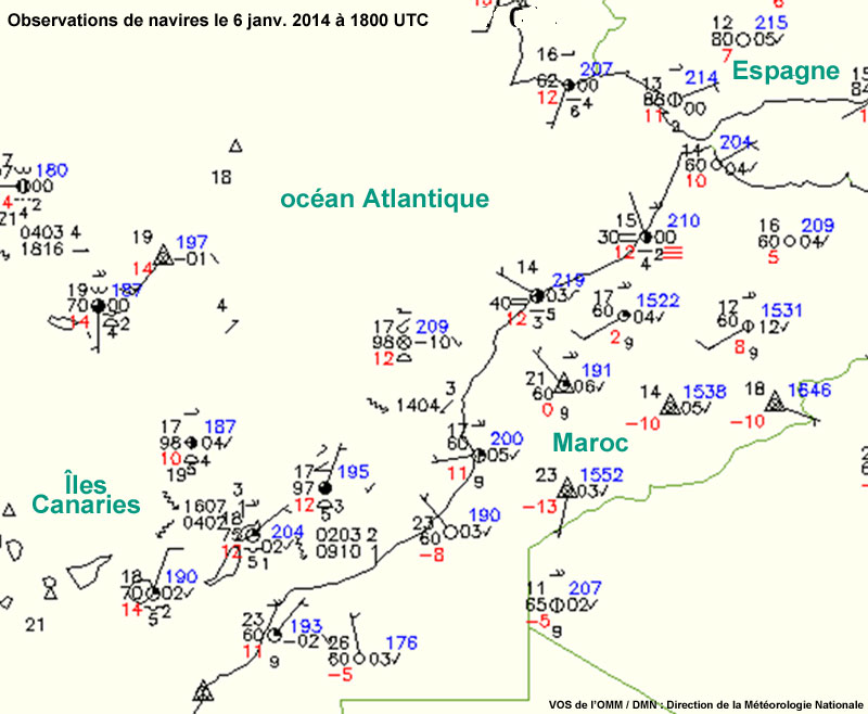 Ship observations near the Canary Islands on 6 Jan 2014 at 1800 UTC