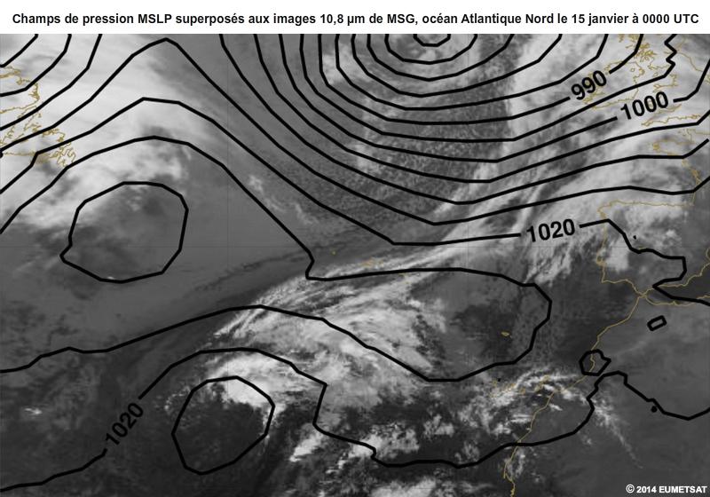 Champs
                          de pression MSLP superposs aux images 10,8 m de MSG dans 
                          lAtlantique Nord du 15 janv. 2014  0000 UTC au 17 janv. 2014  
                          0000 UTC