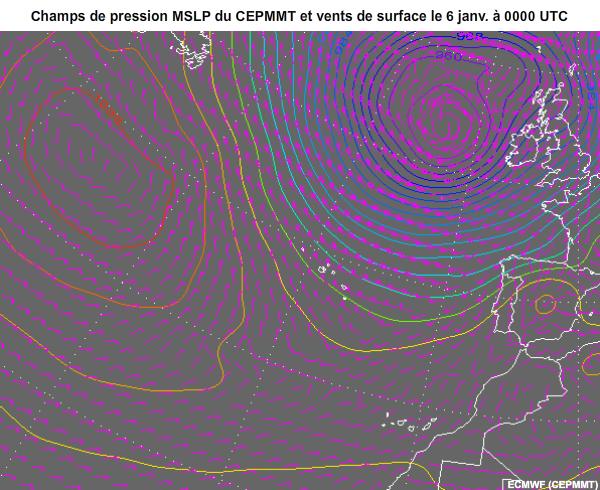 Animation
                          du CEPMMT relative aux champs de pression MSLP et vents de surface du 6
                          janv. 2014 0000 UTC au 7 janv. 2014 1800 UTC