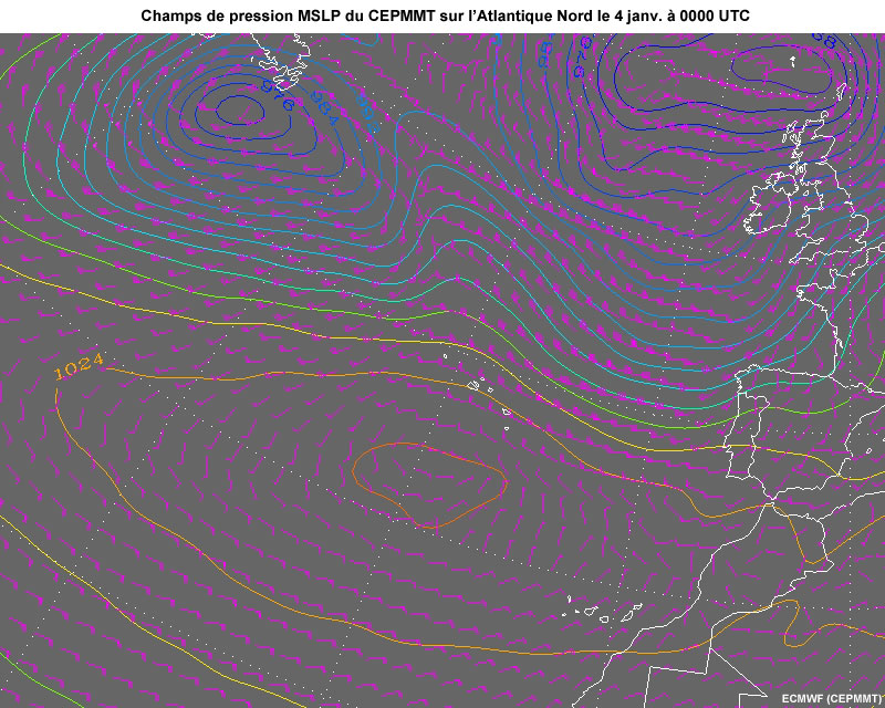 Animation MSLP du CEPMMT dans lAtlantique Nord du 4 janvier  0000 UTC au 5 janvier  1800 UTC