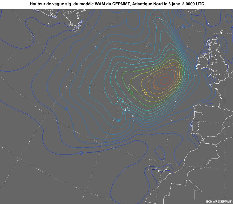 Animation
                          du CEPMMT relative aux champs de hauteur significative des vagues dans 
                          lAtlantique Nord du 6 janv.  0000 UTC au 7 janv.  1800 UTC