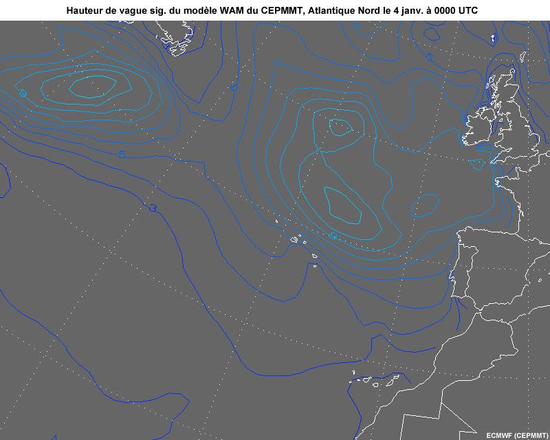 Animation du CEPMMT relative  la hauteur significative des vagues dans locan Atlantique les 4 et 5 janv. 2014