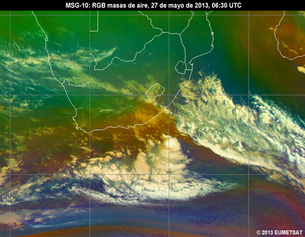 Animacin de imgenes RGB de MSG-10 centradas en frica del sur desde las 06 hasta las 12 UTC del 27 de mayo de 2013