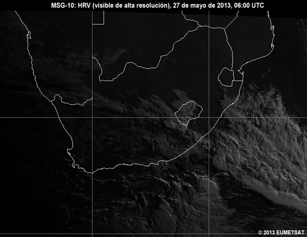 Animacin de imgenes HRV de MSG-10 centradas en Sudfrica entre las 06 y las 12 UTC del 27 de mayo de 2013