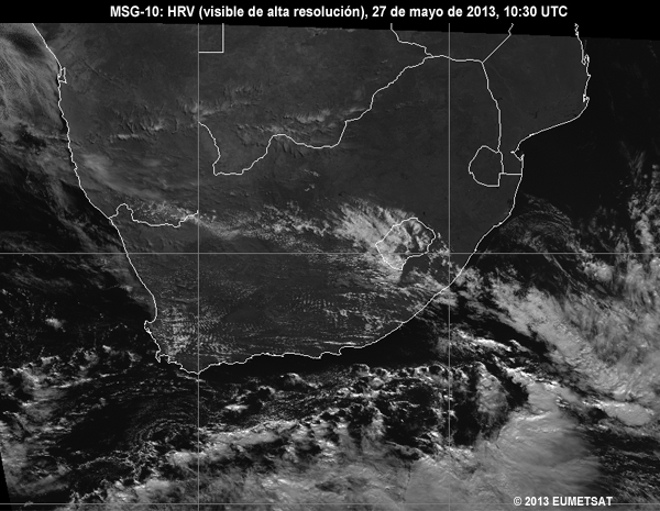 Animacin de imgenes HRV de MSG-10 centradas en Sudfrica entre las 06 y las 12 UTC del 27 de mayo de 2013
