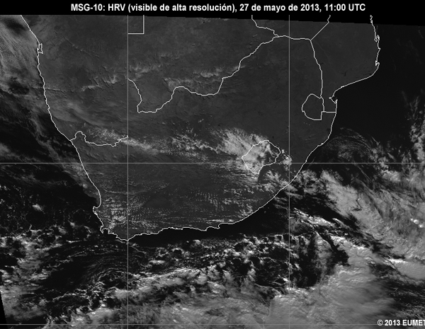 Animacin de imgenes HRV de MSG-10 centradas en Sudfrica entre las 06 y las 12 UTC del 27 de mayo de 2013