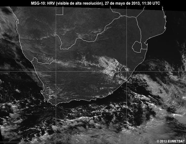 Animacin de imgenes HRV de MSG-10 centradas en Sudfrica entre las 06 y las 12 UTC del 27 de mayo de 2013