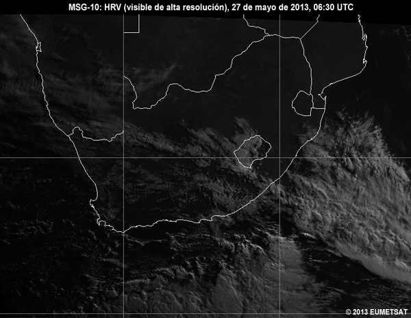 Animacin de imgenes HRV de MSG-10 centradas en Sudfrica entre las 06 y las 12 UTC del 27 de mayo de 2013