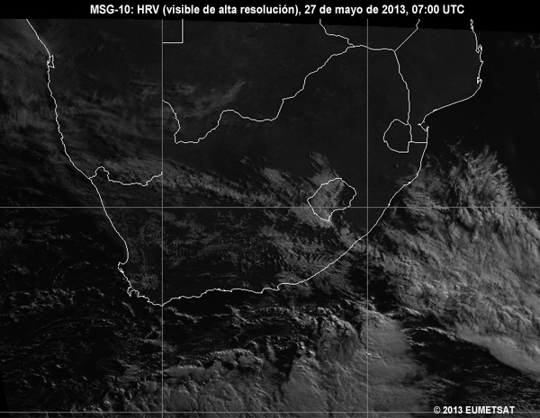 Animacin de imgenes HRV de MSG-10 centradas en Sudfrica entre las 06 y las 12 UTC del 27 de mayo de 2013