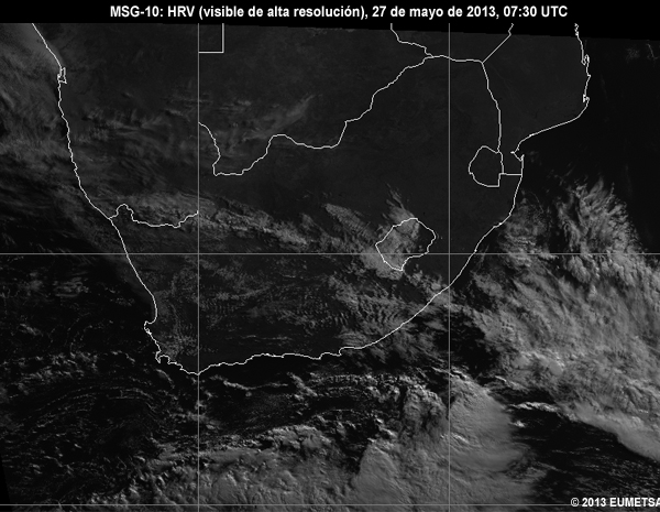 Animacin de imgenes HRV de MSG-10 centradas en Sudfrica entre las 06 y las 12 UTC del 27 de mayo de 2013