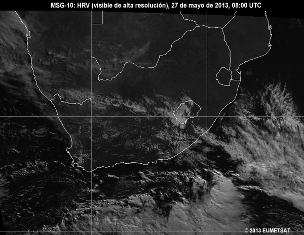 Animacin de imgenes HRV de MSG-10 centradas en Sudfrica entre las 06 y las 12 UTC del 27 de mayo de 2013