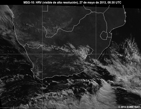 Animacin de imgenes HRV de MSG-10 centradas en Sudfrica entre las 06 y las 12 UTC del 27 de mayo de 2013