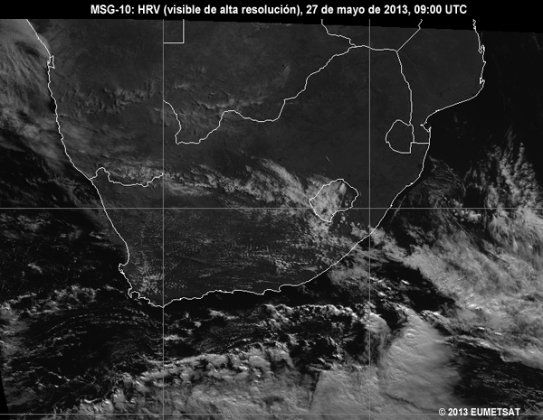 Animacin de imgenes HRV de MSG-10 centradas en Sudfrica entre las 06 y las 12 UTC del 27 de mayo de 2013