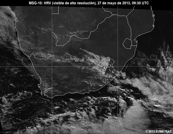 Animacin de imgenes HRV de MSG-10 centradas en Sudfrica entre las 06 y las 12 UTC del 27 de mayo de 2013