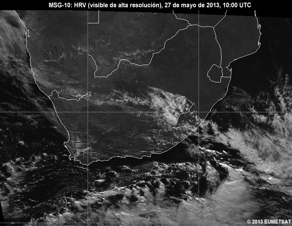 Animacin de imgenes HRV de MSG-10 centradas en Sudfrica entre las 06 y las 12 UTC del 27 de mayo de 2013