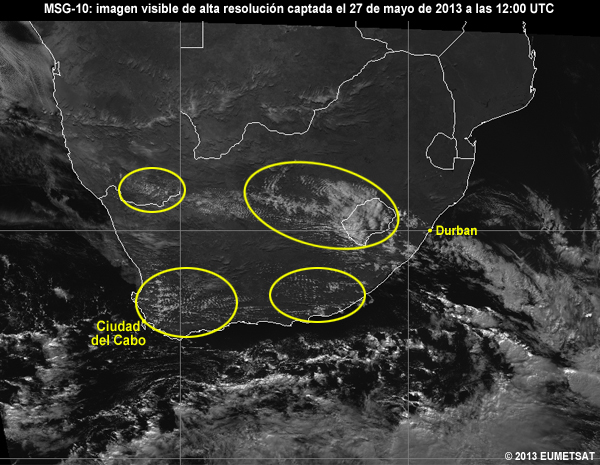 Animacin de imgenes HRV de MSG-10 centradas en Sudfrica entre las 06 y las 12 UTC del 27 de mayo de 2013 en la cual se destacan las reas de nubes orogrficas