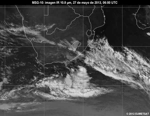 Animacin de imgenes MSG-10 IR de 10.8 m centradas en Sudfrica entre las 06 y las 12 UTC del 27 de mayo de 2013