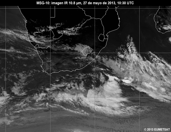 Animacin de imgenes MSG-10 IR de 10.8 m centradas en Sudfrica entre las 06 y las 12 UTC del 27 de mayo de 2013