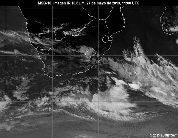 Animacin de imgenes MSG-10 IR de 10.8 m centradas en Sudfrica entre las 06 y las 12 UTC del 27 de mayo de 2013