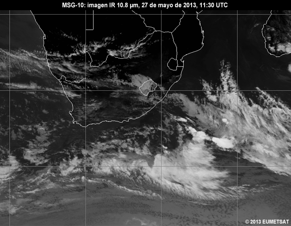 Animacin de imgenes MSG-10 IR de 10.8 m centradas en Sudfrica entre las 06 y las 12 UTC del 27 de mayo de 2013