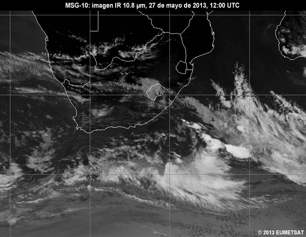 Animacin de imgenes MSG-10 IR de 10.8 m centradas en Sudfrica entre las 06 y las 12 UTC del 27 de mayo de 2013