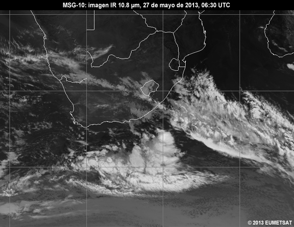 Animacin de imgenes MSG-10 IR de 10.8 m centradas en Sudfrica entre las 06 y las 12 UTC del 27 de mayo de 2013