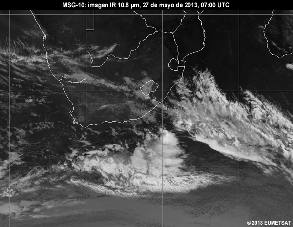 Animacin de imgenes MSG-10 IR de 10.8 m centradas en Sudfrica entre las 06 y las 12 UTC del 27 de mayo de 2013