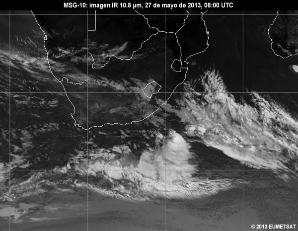 Animacin de imgenes MSG-10 IR de 10.8 m centradas en Sudfrica entre las 06 y las 12 UTC del 27 de mayo de 2013