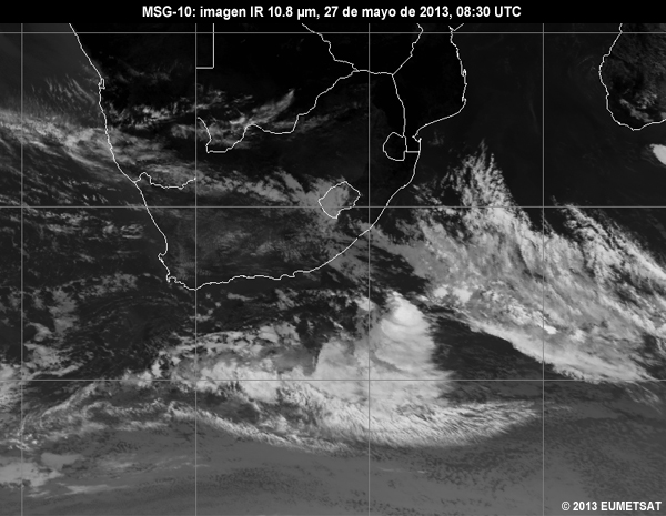Animacin de imgenes MSG-10 IR de 10.8 m centradas en Sudfrica entre las 06 y las 12 UTC del 27 de mayo de 2013