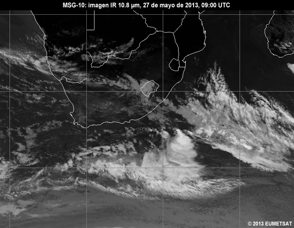 Animacin de imgenes MSG-10 IR de 10.8 m centradas en Sudfrica entre las 06 y las 12 UTC del 27 de mayo de 2013