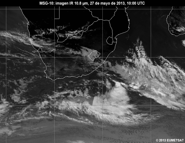 Animacin de imgenes MSG-10 IR de 10.8 m centradas en Sudfrica entre las 06 y las 12 UTC del 27 de mayo de 2013