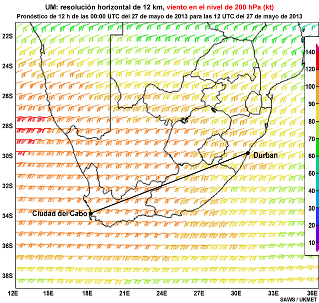 Pronstico a 12 h de viento en el nivel de 200 hPa, vlido a las 12 UTC del 27 de mayo de 2013(modelo UM, resolucin horizontal de 12 km