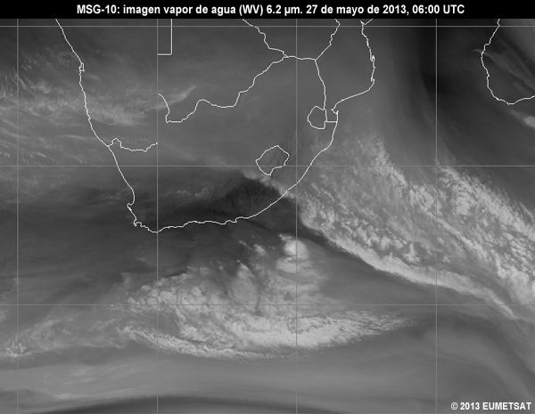 Animacin de imgenes MSG-10 vapor de agua (WV) de 6.2 m centradas en Sudfrica entre las 06 y las 12 UTC del 27 de mayo de 2013