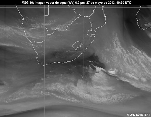 Animacin de imgenes MSG-10 vaper de agua (WV) de 6.2 m centradas en Sudfrica entre las 06 y las 12 UTC del 27 de mayo de 2013