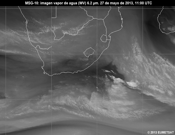 Animacin de imgenes MSG-10 vaper de agua (WV) de 6.2 m centradas en Sudfrica entre las 06 y las 12 UTC del 27 de mayo de 2013