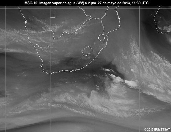 Animacin de imgenes MSG-10 vaper de agua (WV) de 6.2 m centradas en Sudfrica entre las 06 y las 12 UTC del 27 de mayo de 2013