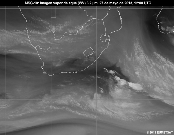 Animacin de imgenes MSG-10 vaper de agua (WV) de 6.2 m centradas en Sudfrica entre las 06 y las 12 UTC del 27 de mayo de 2013