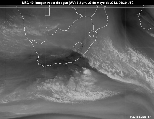 Animacin de imgenes MSG-10 vaper de agua (WV) de 6.2 m centradas en Sudfrica entre las 06 y las 12 UTC del 27 de mayo de 2013