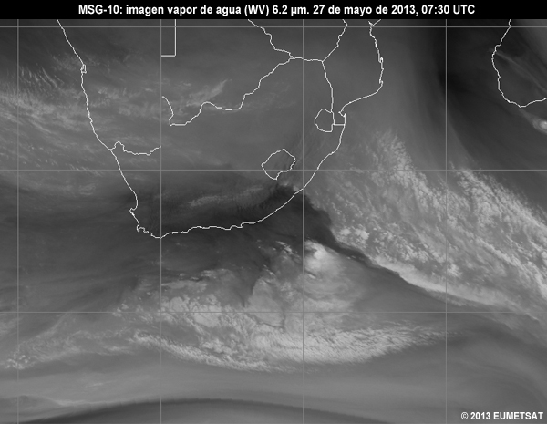 Animacin de imgenes MSG-10 vaper de agua (WV) de 6.2 m centradas en Sudfrica entre las 06 y las 12 UTC del 27 de mayo de 2013