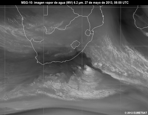 Animacin de imgenes MSG-10 vaper de agua (WV) de 6.2 m centradas en Sudfrica entre las 06 y las 12 UTC del 27 de mayo de 2013