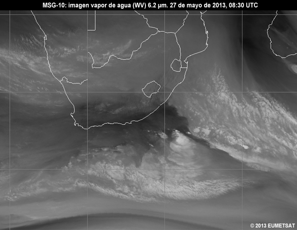 Animacin de imgenes MSG-10 vaper de agua (WV) de 6.2 m centradas en Sudfrica entre las 06 y las 12 UTC del 27 de mayo de 2013